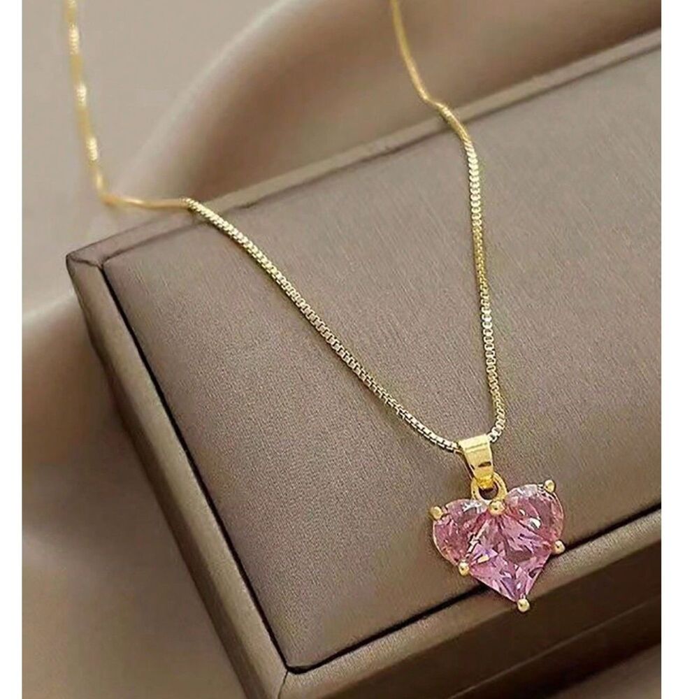 Pink Glass Heart Crystal Pendant Necklace Dangle Gemstone Charm Adjustable Love